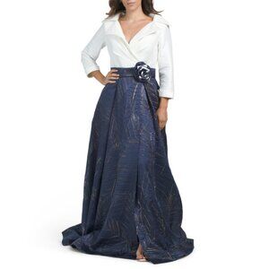 TERANI Ivory/Navy Long Sleeve Shirt Gown With Jacquard Skirt